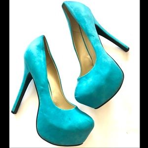 Turquoise Suede High Heel Platform Pumps